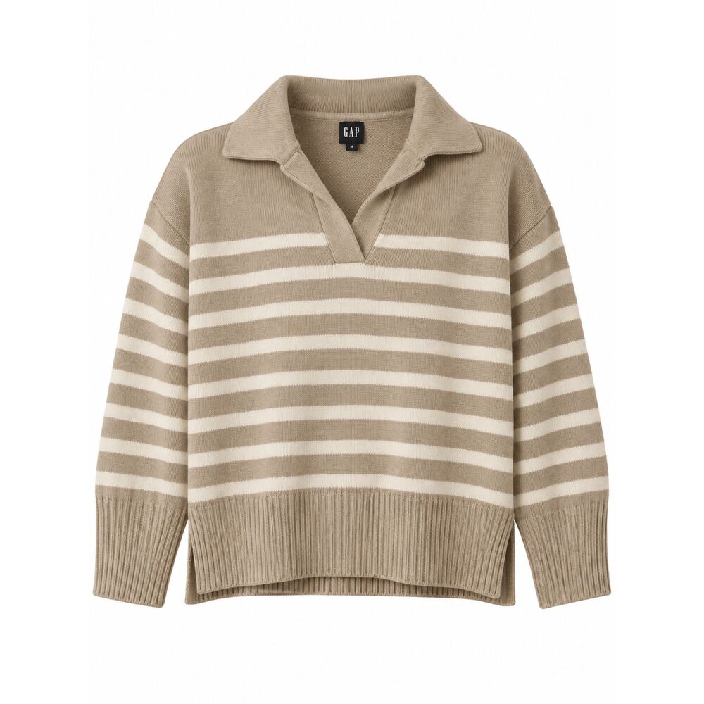 GAP Beige Cream Striped Polo Collar Cotton Sweater Size M Coastal Preppy